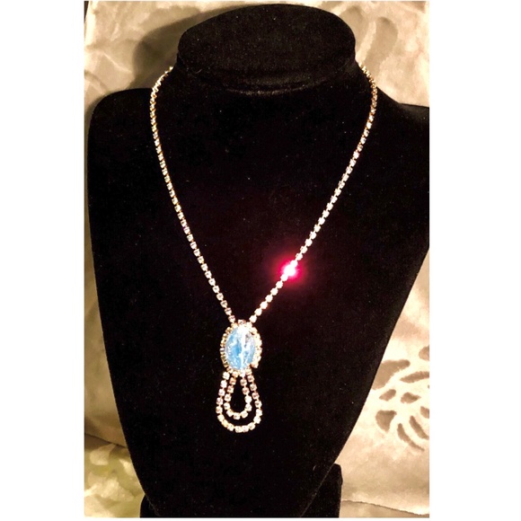 VTG Clear AB Rhinestone and Sky Blue Stone Pendant Necklace~ Occasion Wedding - Picture 6 of 10